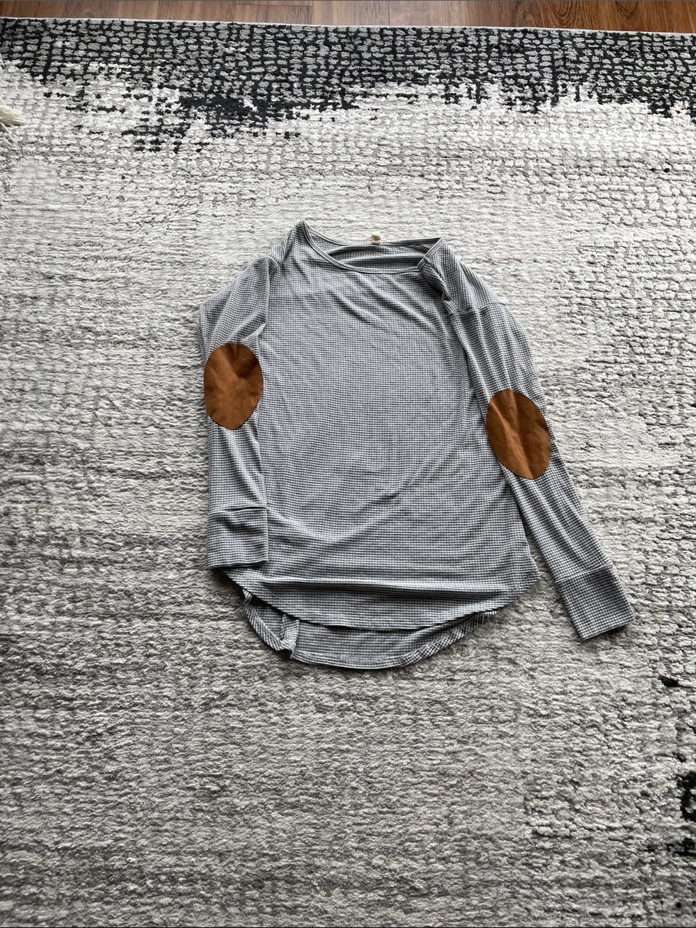 My Beloved Gray Waffle Knit Long-Sleeve Top with Brown Elbow Patches